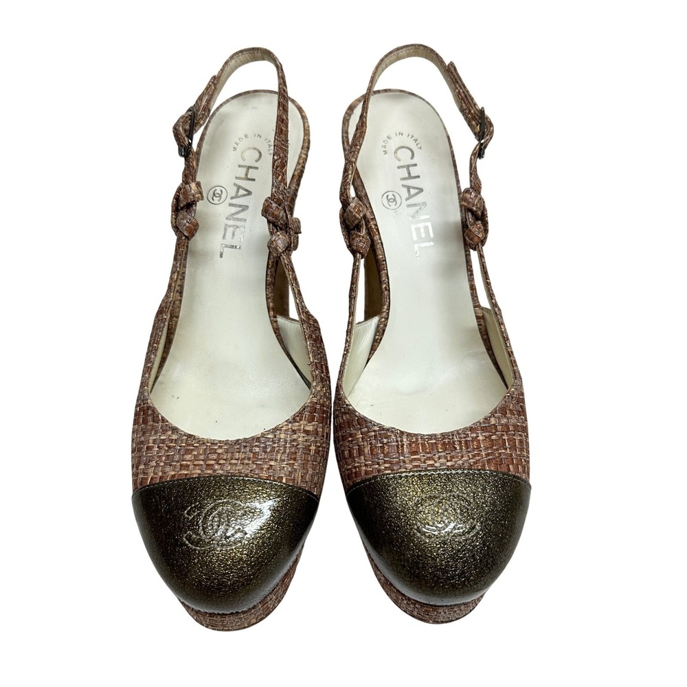 Chanel Tweed CC‎ Interlocking Bronze Raffia Slingback Platform Heels Cap Toe 37 - Picture 3 of 13